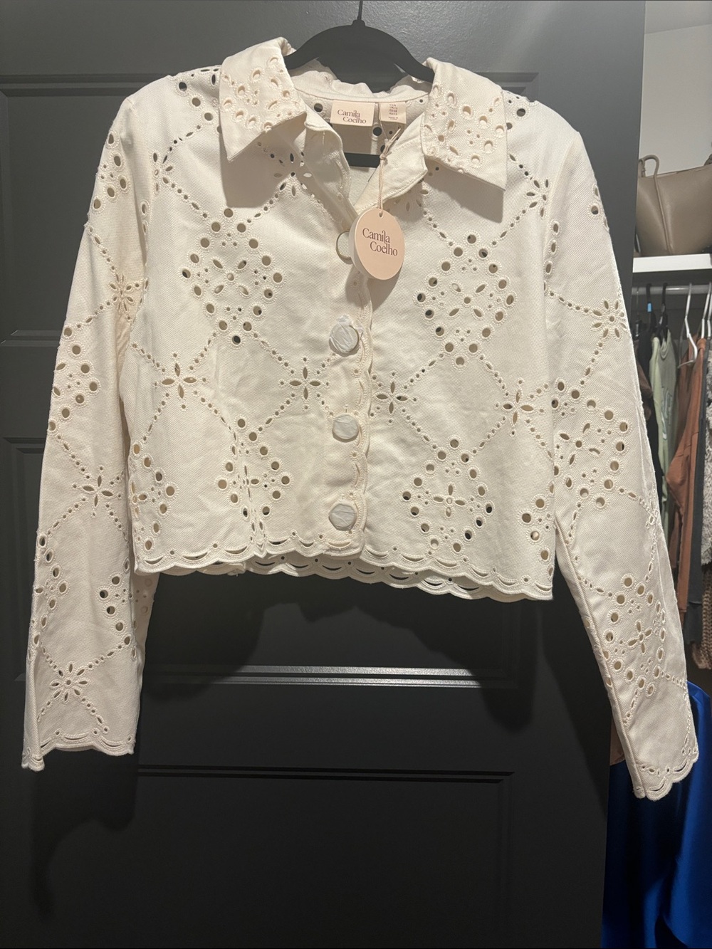 Camila Coelho Cream Eyelet Cropped Button Jacket